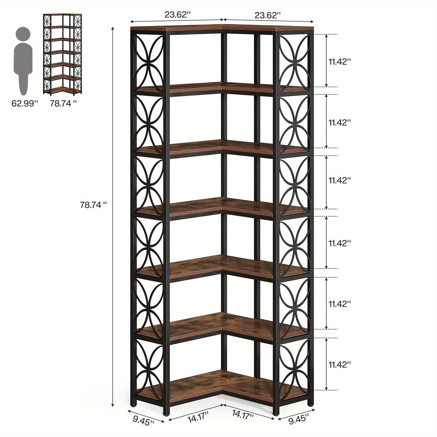 79-Inch Tall 7-Tier L-Shaped Corner Bookcase with Metal Frame - Heavy-Duty Freestanding Storage Shelf, Space-Saving Curved Design, Engineered Wood & Metal Construction, Contemporary Modern Style in Rustic Brown & Black for Li