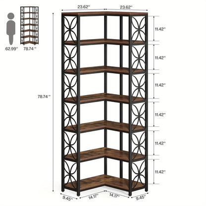 79-Inch Tall 7-Tier L-Shaped Corner Bookcase with Metal Frame - Heavy-Duty Freestanding Storage Shelf, Space-Saving Curved Design, Engineered Wood & Metal Construction, Contemporary Modern Style in Rustic Brown & Black for Li