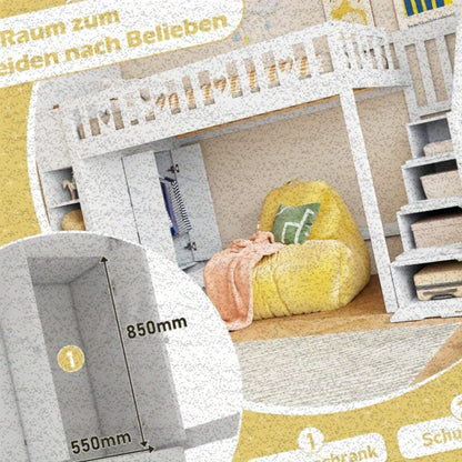 Hoogslaper – Opklapbaar Bed – Stapelbed – Kinderbed – Eenpersoonsbed – Wit Gelakt – Hartvormige Beveiliging – Opbergladder Met Planken – 90x200 cm – Zonder Matras