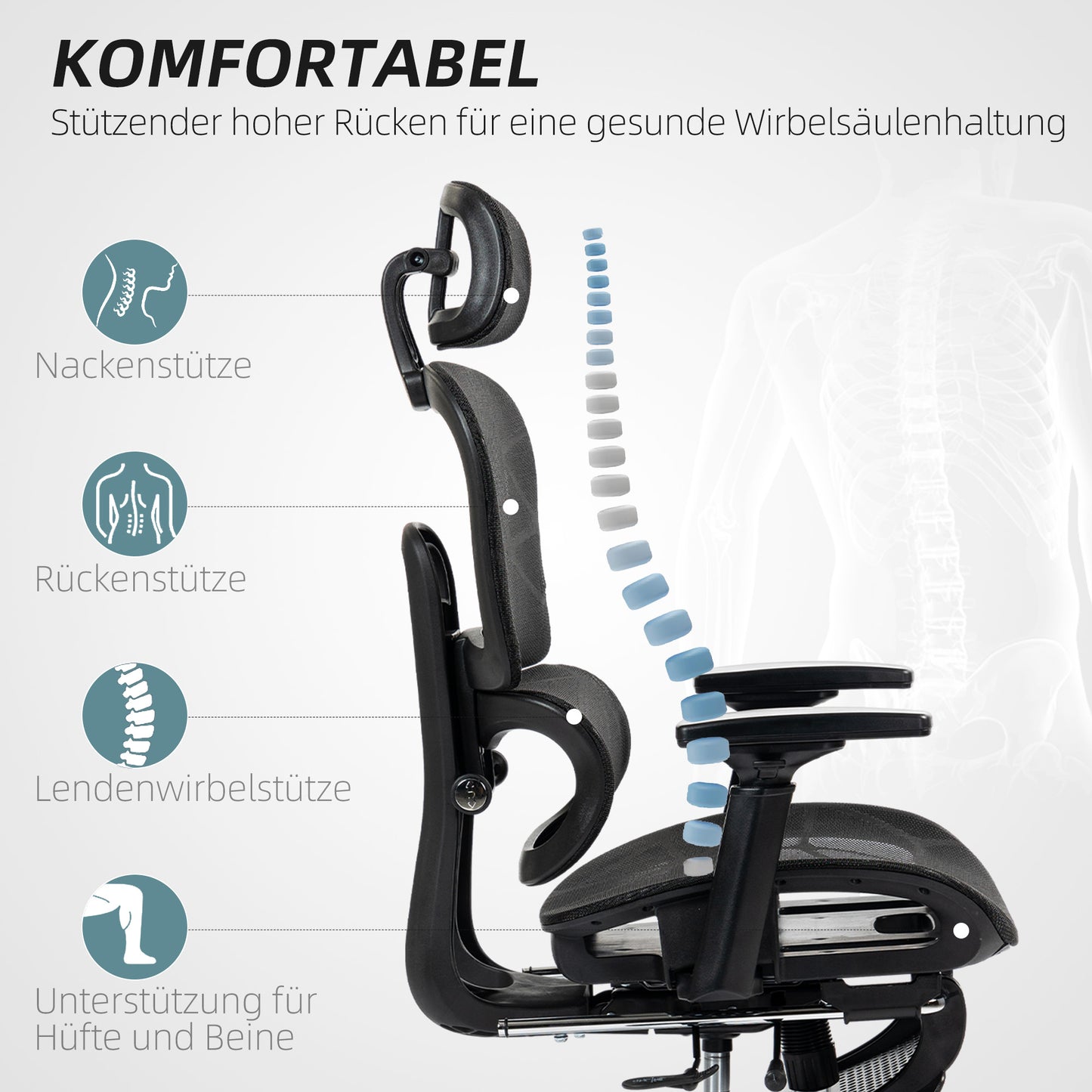 Bureaustoel – Ergonomische Stoel – Office Chair – Draaistoel – Kantoorstoel – Verstelbare Hoofdsteun & Armleuningen – Mesh Bekleding Met Voetensteun