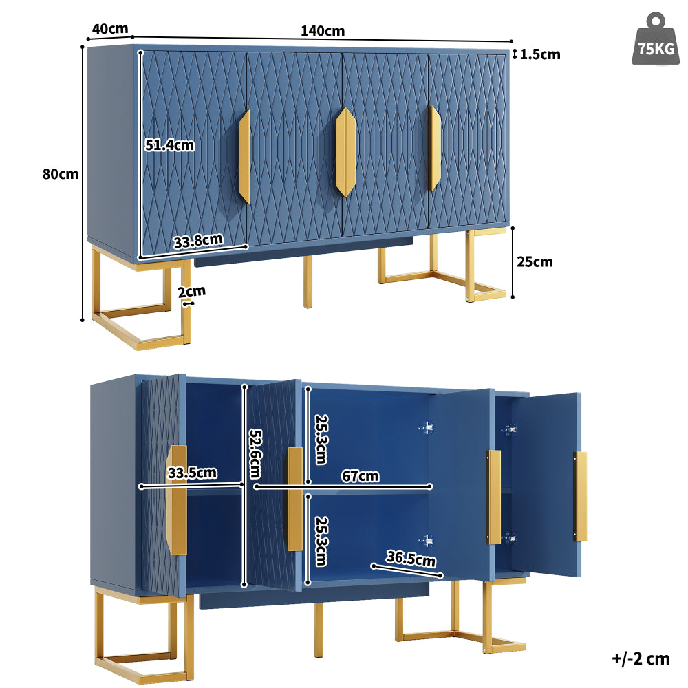Modern-Style Blue Sideboard | 140x40x80 cm with Four Doors and Two Height-Adjustable Shelves, Versatile for Storage, Kitchen, or Dining Room Use, Metal Construction
