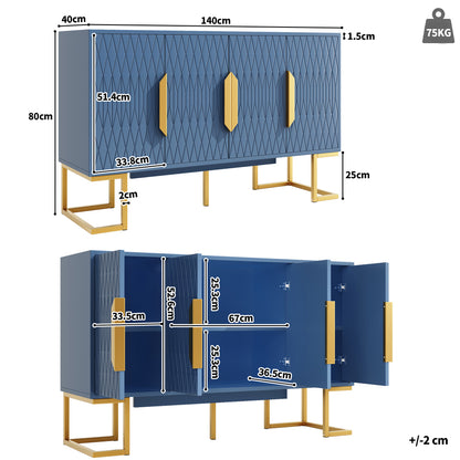 Modern-Style Blue Sideboard | 140x40x80 cm with Four Doors and Two Height-Adjustable Shelves, Versatile for Storage, Kitchen, or Dining Room Use, Metal Construction