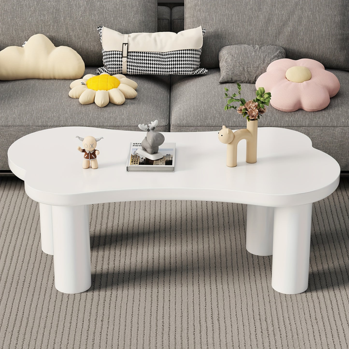 Salontafel Botvormig – Bijzettafel – Koffietafel – Woonkamer Tafel – Wit – MDF Tafelblad – Hardhouten Poten Met PVC Coating