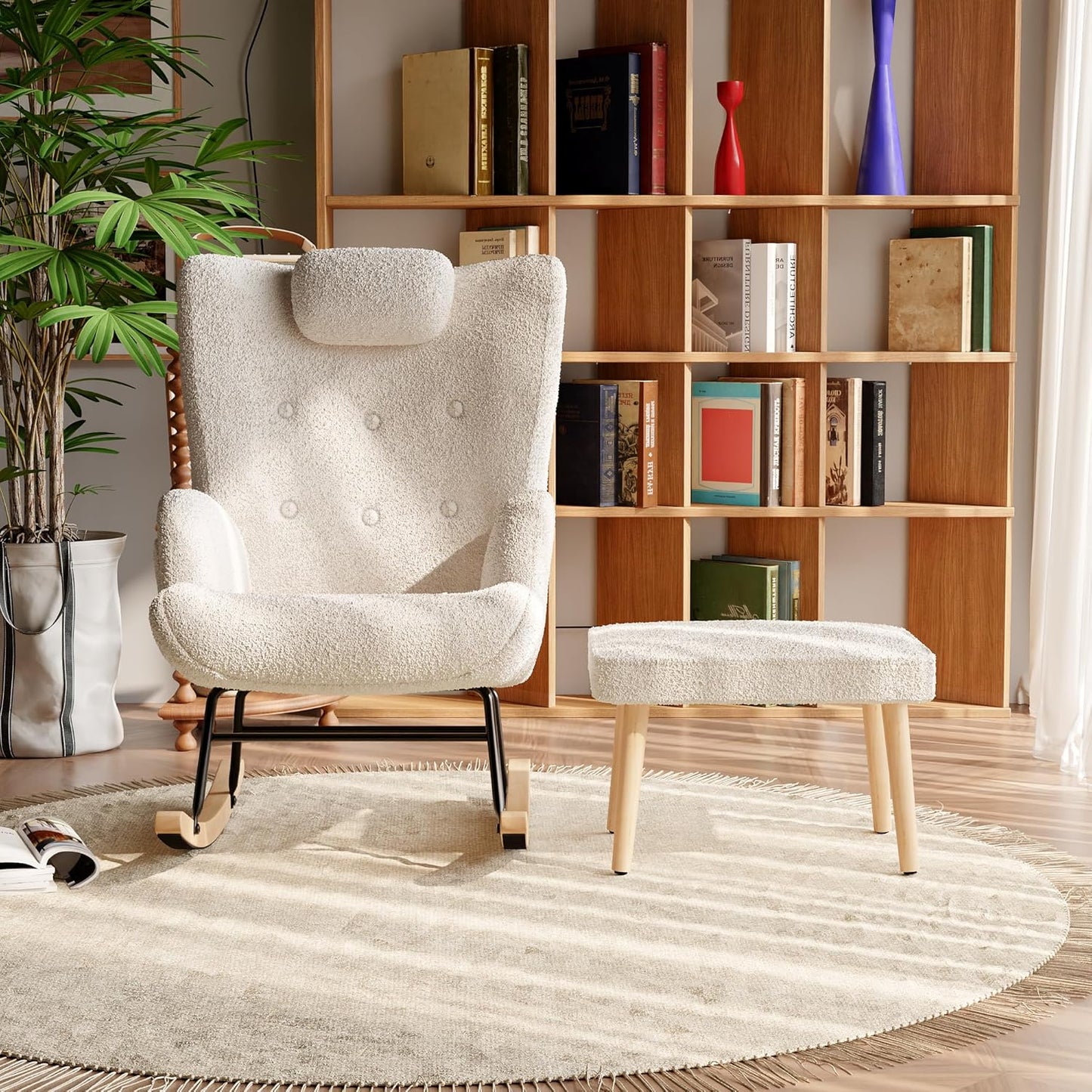 Fauteuil – Schommelstoel – Relaxstoel – Zithoekstoel – Lounge Fauteuil – Met Voetenbank – Memory Foam Zitting – Massief Houten Frame – Wit