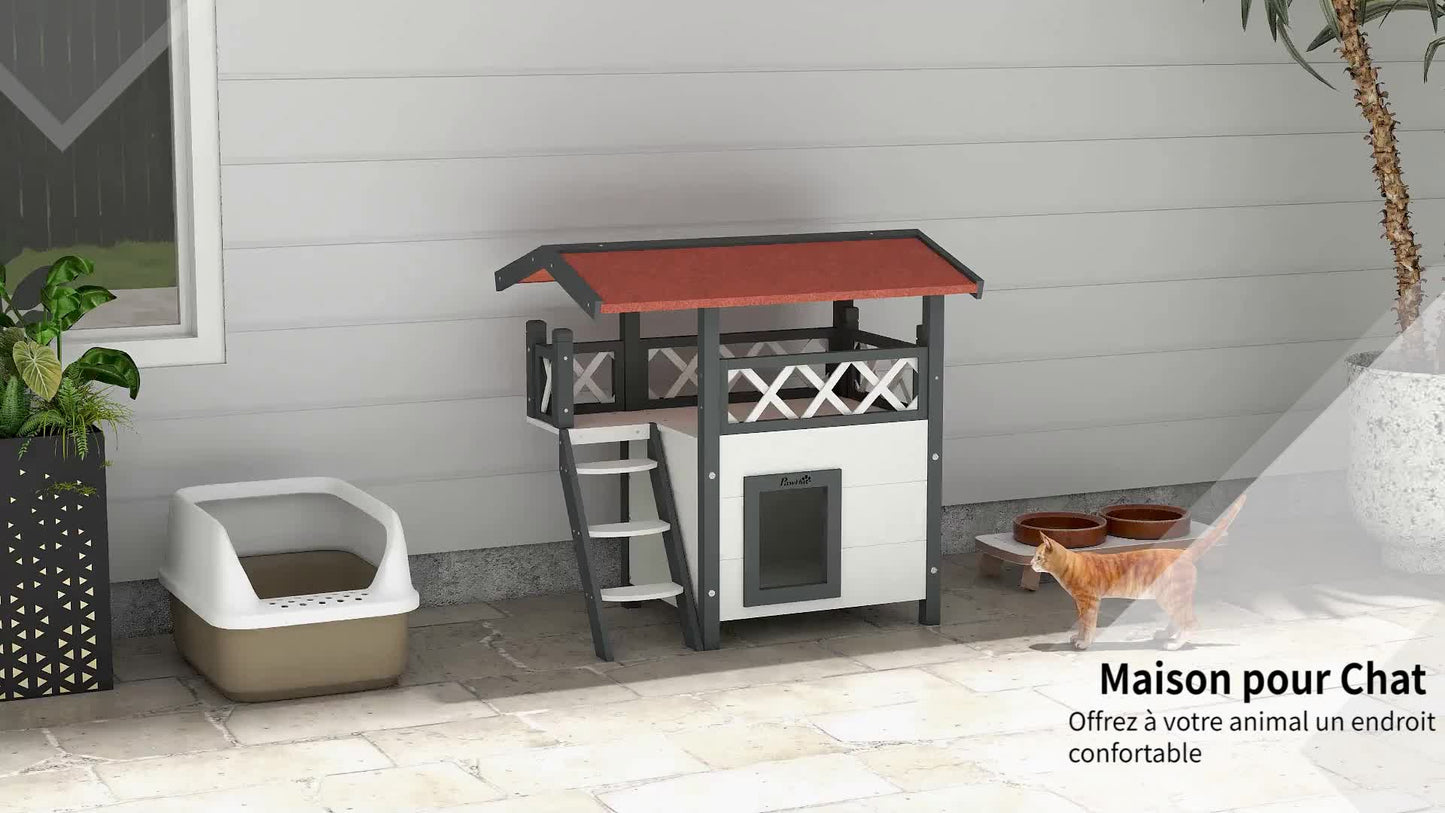 Huisdier Lodge – Kattenhuis – Hondenhok – Dierenverblijf – Villa – Witte Houten Buitenhuis – Met Terras En Trap – Afmeting 77x50x73 cm