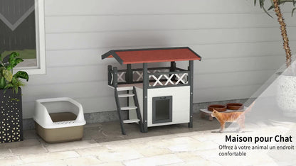 Huisdier Lodge – Kattenhuis – Hondenhok – Dierenverblijf – Villa – Witte Houten Buitenhuis – Met Terras En Trap – Afmeting 77x50x73 cm