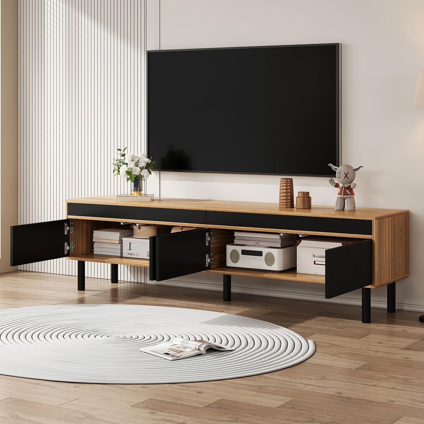 TV Cabinet, TV Stand, TV Panel, And Three-door Base Cabinet. Fine Texture. Available In Black And Natural Wood. Height 47 Cm/ Length 170 Cm/ Width 38 Cm- Heavy-Duty Construction, Spacious Storage, Minimalist Living Room Furni