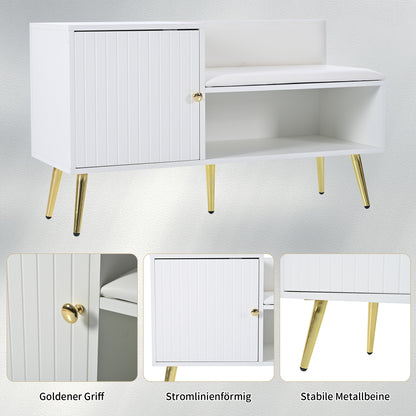 Schoenenbank – Schoenenkast – Schoenenrek – Halbank – Opbergmeubel – Wit Met Gouden Accenten – Comfortabel Gestoffeerd Zitvlak – Stevig Metalen Onderstel