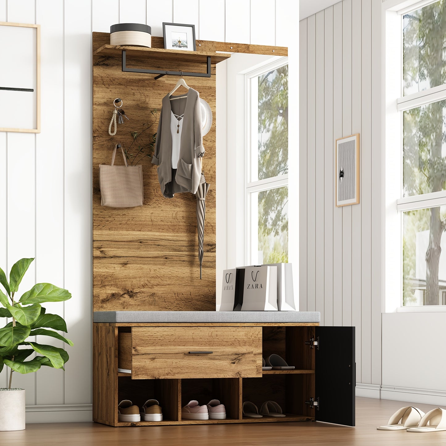 Houten Meubelset Hal – Kledingkast – Schoenenbank – Spiegel – Opbergkast – Hardhout Particleboard – Functioneel Zonder Stroom – Ruimtebesparend Design