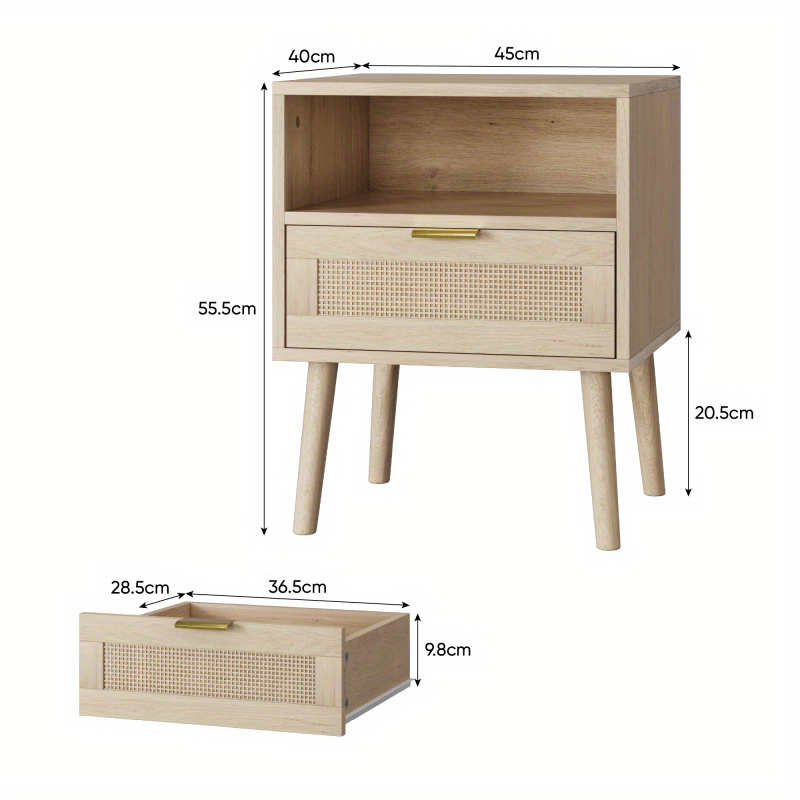 Nachtkastje – Bedkastje – Bijzettafel – Ladekastje – Tafel – Bohemian Stijl – Licht Eikenlook – Open Plank – Compact 45x40x55 cm