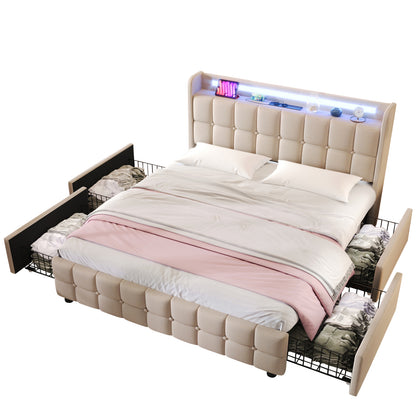 Bedkast 160x200 – Gestoffeerd Bed – Tweepersoonsbed – Opbergbed – Boxspringbed – Linnen Bekleding – 4 Ruime Lades – Lattenbodem