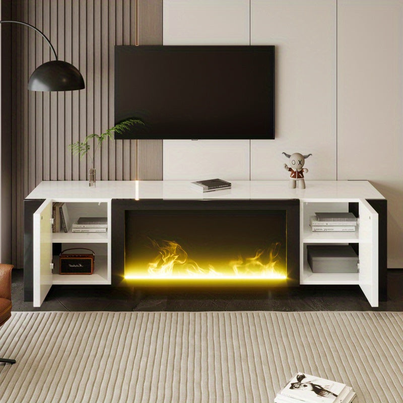 TV-meubel – TV-kast – Lowboard – Tv-dressoir – Elektrische Haard – Hoogglans Wit Zwart – Realistische Vlammen Zonder Verwarming – Geschikt Voor TV Tot 60 kg
