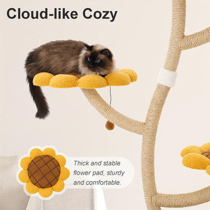 141.99cm Tall Sunflower Cat Tower for Large Cats - Sturdy Alloy Multi-Level Cat Tree with 4 Plush Flower Perches, Sisal Scratching Posts & Hanging - Modern Indoor Activity Center for Play & Relaxation, Cute Cat Tree, Feline A