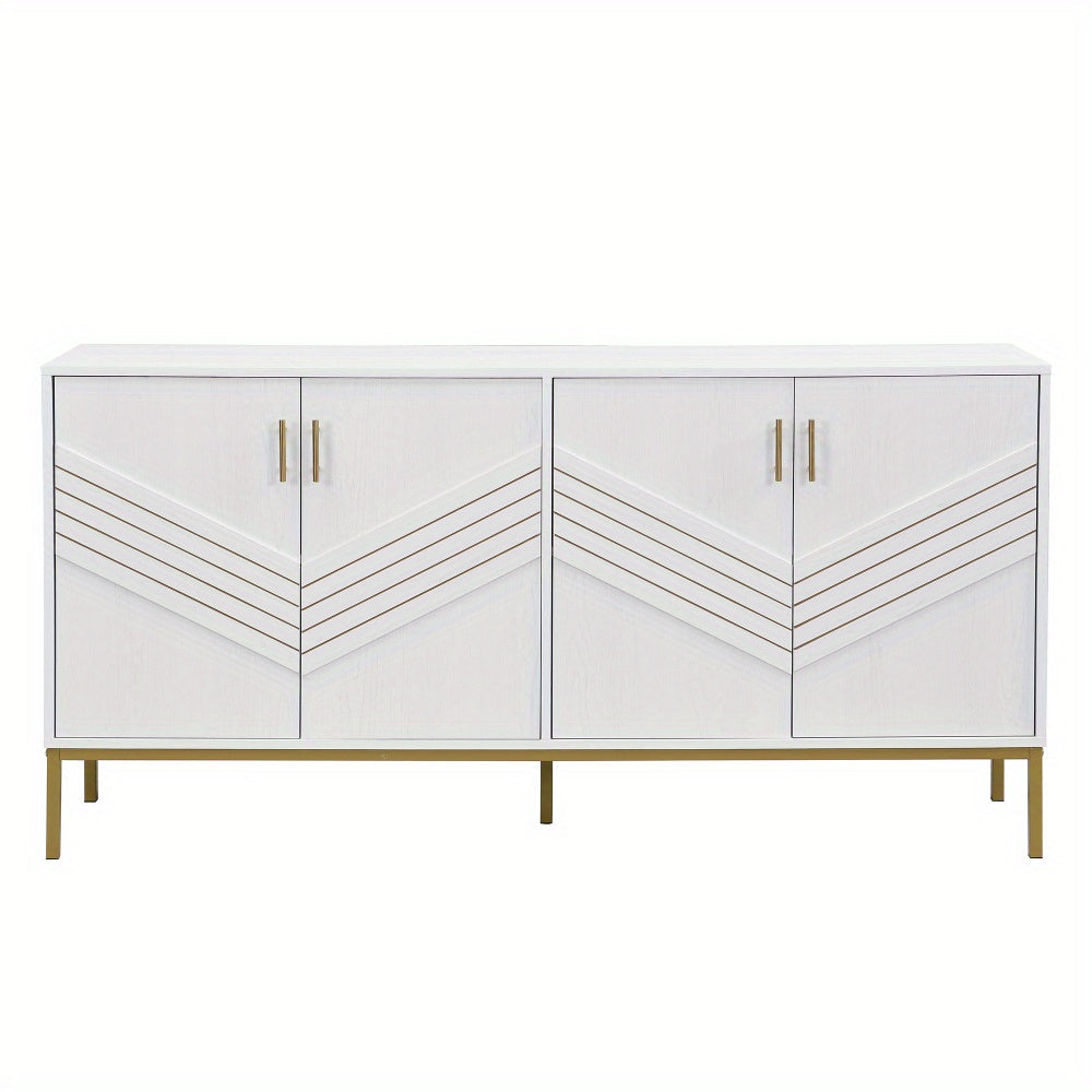 4-Deurs Kast – Dressoir – Sideboard – Opbergkast – Woonkamerkast – Wit Met Gouden Details – Verstelbare Legplanken – Ruime Opbergruimte