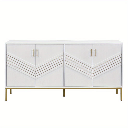 4-Deurs Kast – Dressoir – Sideboard – Opbergkast – Woonkamerkast – Wit Met Gouden Details – Verstelbare Legplanken – Ruime Opbergruimte