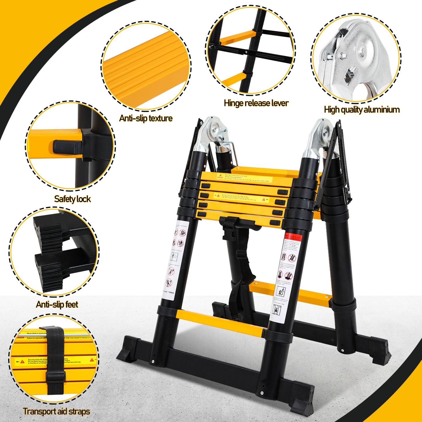 Telescopische Aluminium Ladder – Uitschuifladder – Opvouwbare Ladder – Doe-Het-Zelf Ladder – Werksteiger – Lichtgewicht Aluminium – Veilig Vergrendelingssysteem