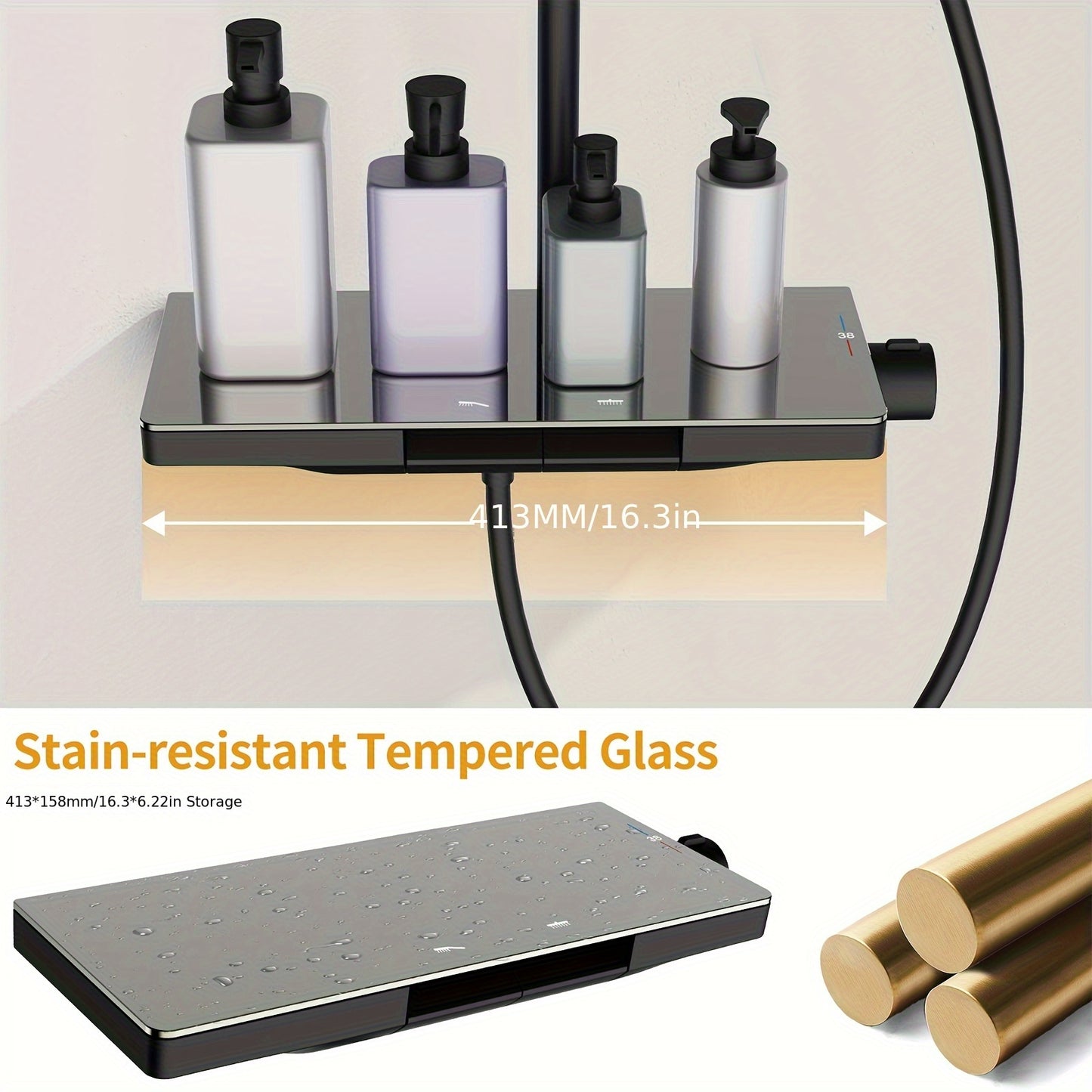 Modern Douchesysteem – Wanddouche – Regendouche – Handdouche – Doucheset – Mat Zwart – Zonder Elektriciteit – Inclusief Opbergplanken