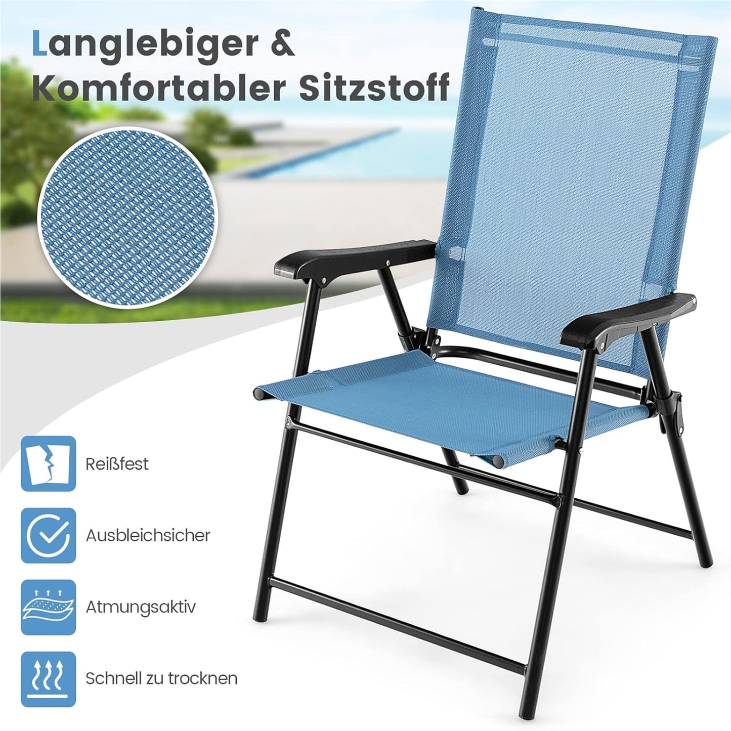 Tuinstoel – Klapstoel – Balkonstoel – Terrasstoel – Tuinstoelen Set – Weerbestendig – Inklapbaar Met Armleuningen – Metalen Frame – Blauw – Lichtgewicht