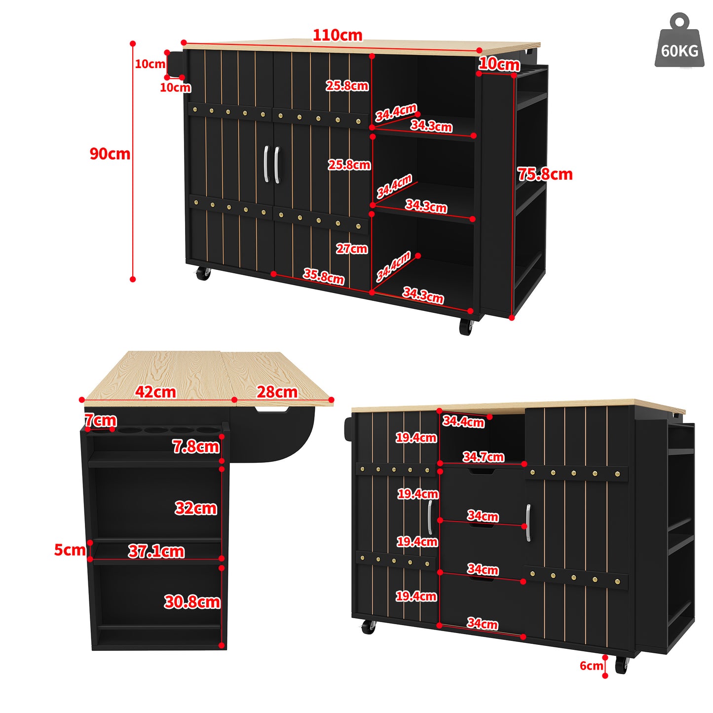 Keukenwagen – Keukentrolley – Keukenkar – Desserte – Werkbladwagen – Inklapbaar Werkblad – Veel Opbergruimte – Zwart Met Houtlook – 110x42x90 cm