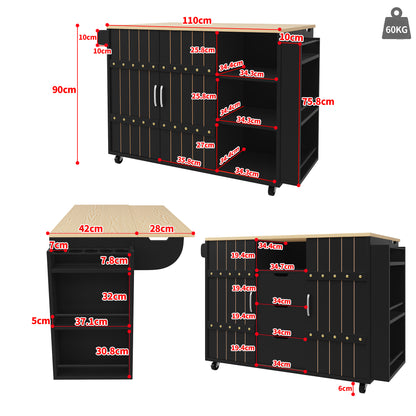 Keukenwagen – Keukentrolley – Keukenkar – Desserte – Werkbladwagen – Inklapbaar Werkblad – Veel Opbergruimte – Zwart Met Houtlook – 110x42x90 cm