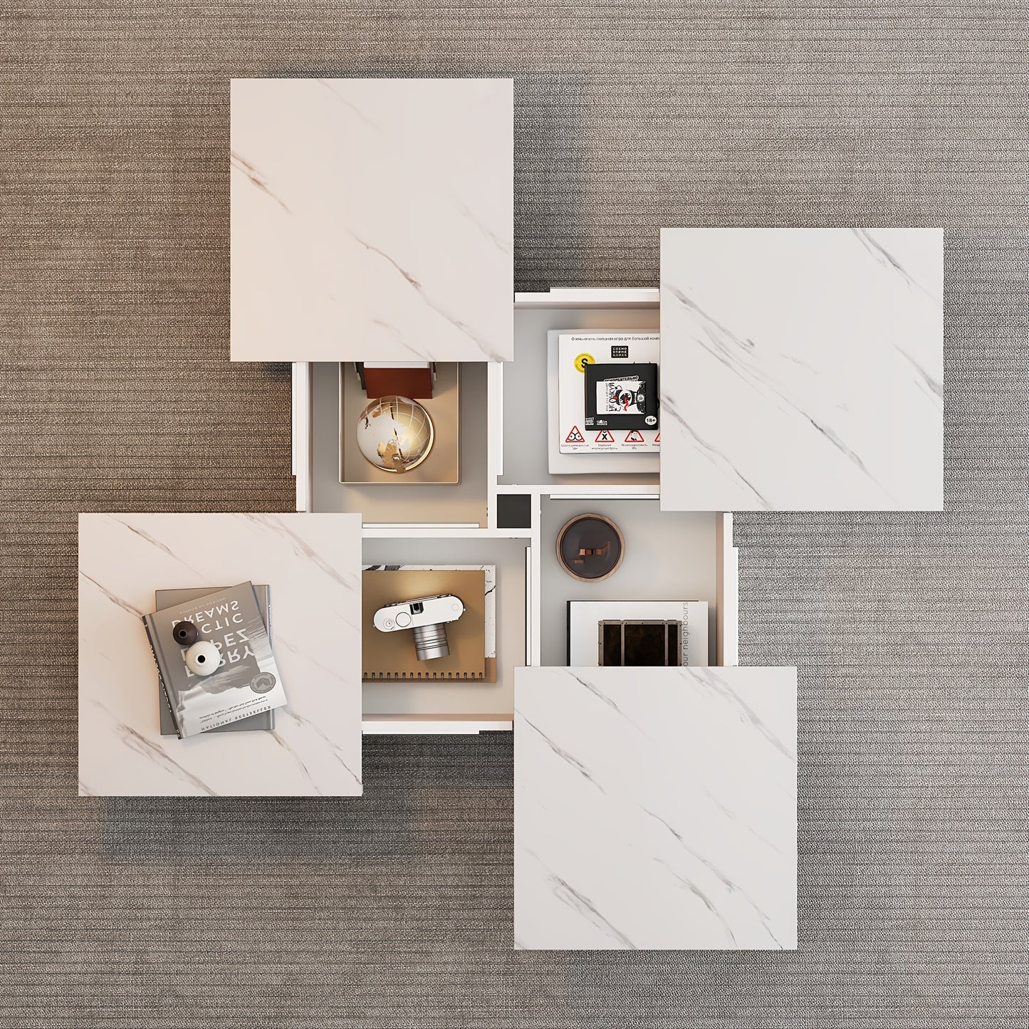 Modern White Square Coffee Table with Marble Texture, Size 90 X 90 X 25cm, Equipped with Four Drawers, Sliding Table Top, Load Capacity Up to 30kg,  Contemporary Style, Minimalist Design, Storage Table, Compact Table, Small S
