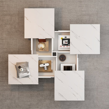 Modern White Square Coffee Table with Marble Texture, Size 90 X 90 X 25cm, Equipped with Four Drawers, Sliding Table Top, Load Capacity Up to 30kg,  Contemporary Style, Minimalist Design, Storage Table, Compact Table, Small S