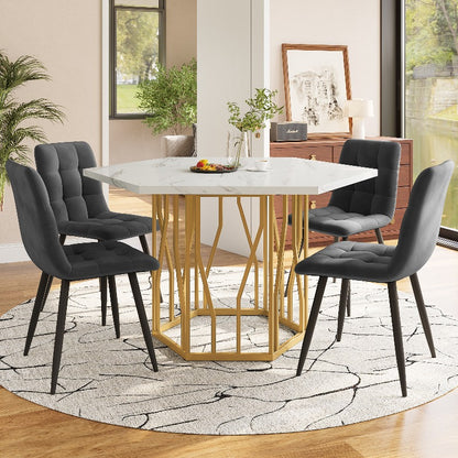 Hexagon Tafel Set – Eettafel Set – Diningset – Marmeren Tafel – Stoelenset – 5-Delig – Grijze Fluweel Stoelen – Gouden Poten – Modern Design – Duurzaam Niet-Houten Blad