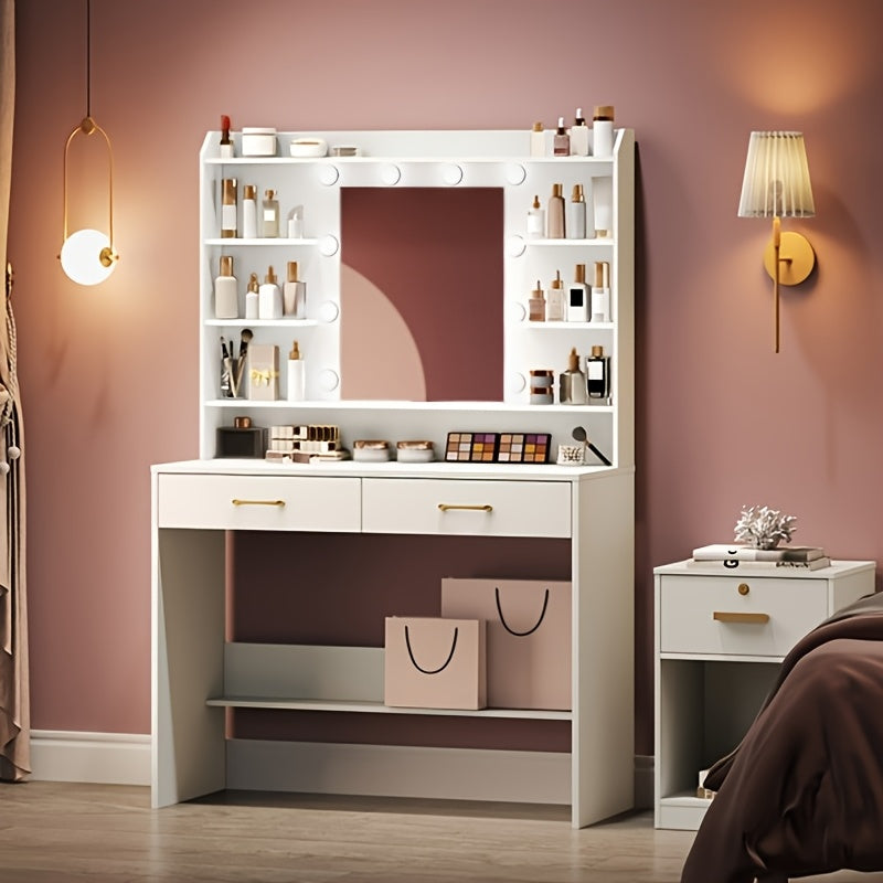 Make-uptafel – Schminktisch – Kaptafel – Vanity Table – Make-up Bureau – Wit Met Gouden Accenten – Verstelbare Verlichting – Ruime Opbergruimte Met 6 Vakken En 2 Laden