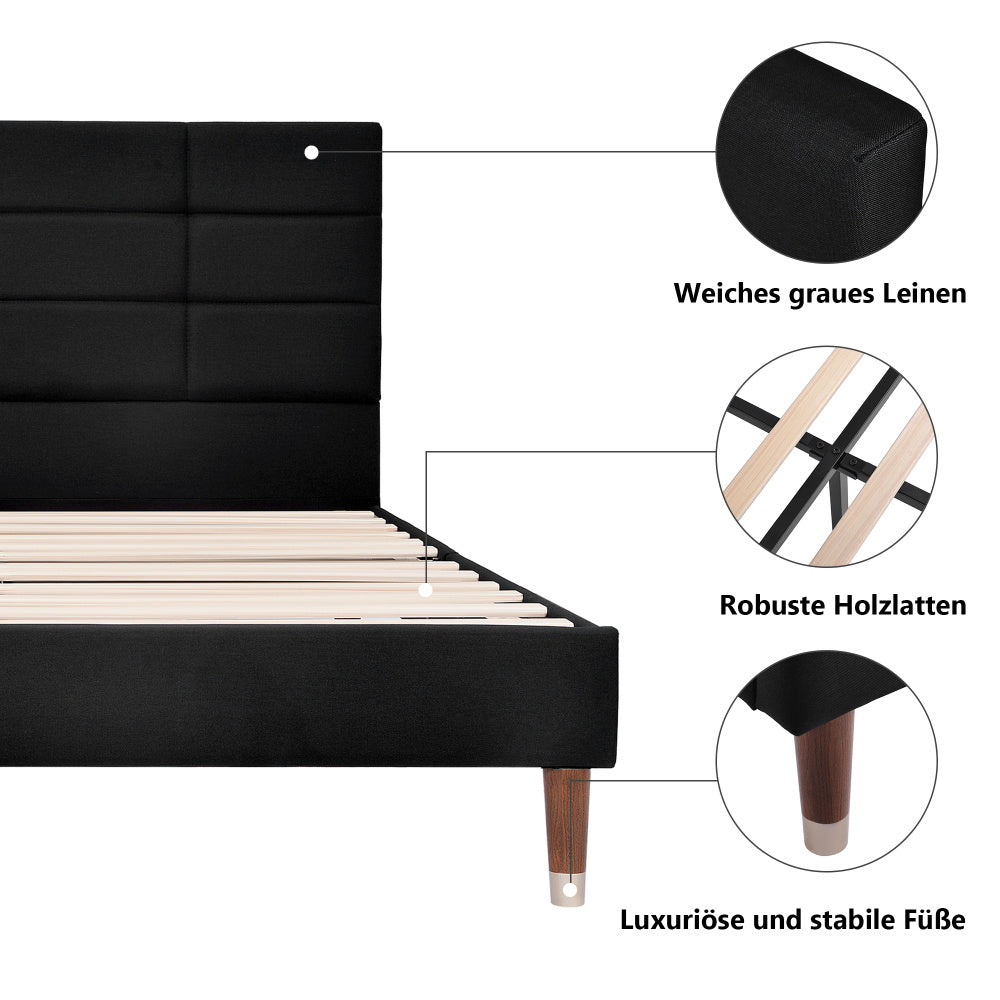 Bedframe – Houten Bed – Eenpersoonsbed – Opbergbed – Slaapbank – Modern Design – 140x200 cm – Massief Hardhout & Linnen – Geen Elektriciteit – Ruimtebesparend – Zwart