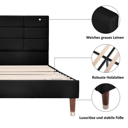 Bedframe – Houten Bed – Eenpersoonsbed – Opbergbed – Slaapbank – Modern Design – 140x200 cm – Massief Hardhout & Linnen – Geen Elektriciteit – Ruimtebesparend – Zwart