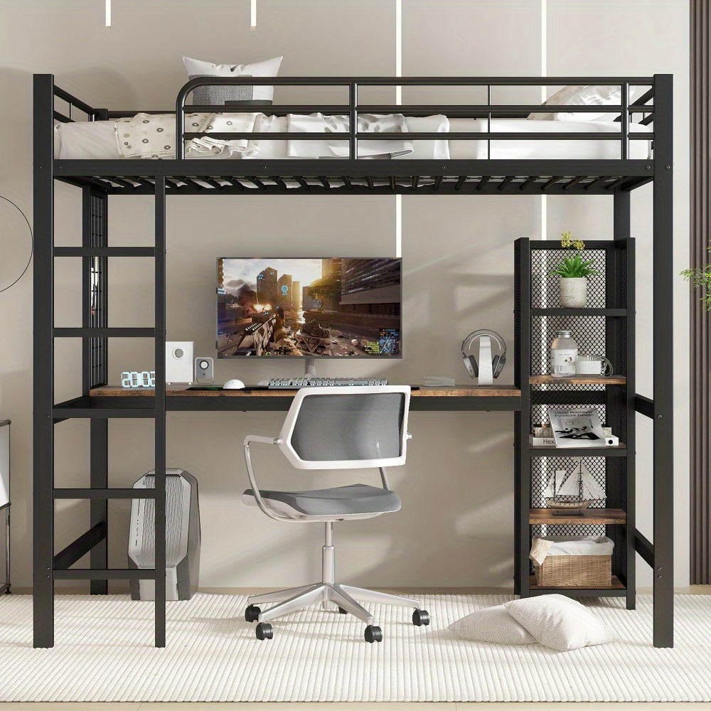 Hoogslaper – Loftbed – Kinderbed – Stapelbed – Eenpersoonsbed – Metaal & Donker Hout – 90x200 cm – Met Bureau en Opbergruimte