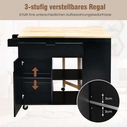 Keukentrolley – Serveerwagen – Keukenwagen – Opbergwagen – Werktafel – Vouwblad 124x76 cm – Stevige MDF en rubberwood constructie – 5 Zwenkwielen met Remmen – Compact en Mobiel – Zwart