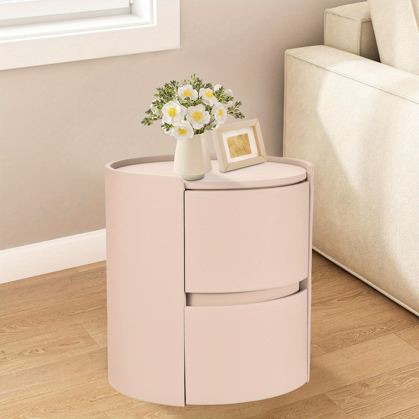 Ronde Nachtkast – Nachtkastje – Bedside Table – Dressoir – Bijzettafel – Oranje Zadelleren Bovenblad – Massief Hout – 2 Laden – Compact 45x45x50 cm