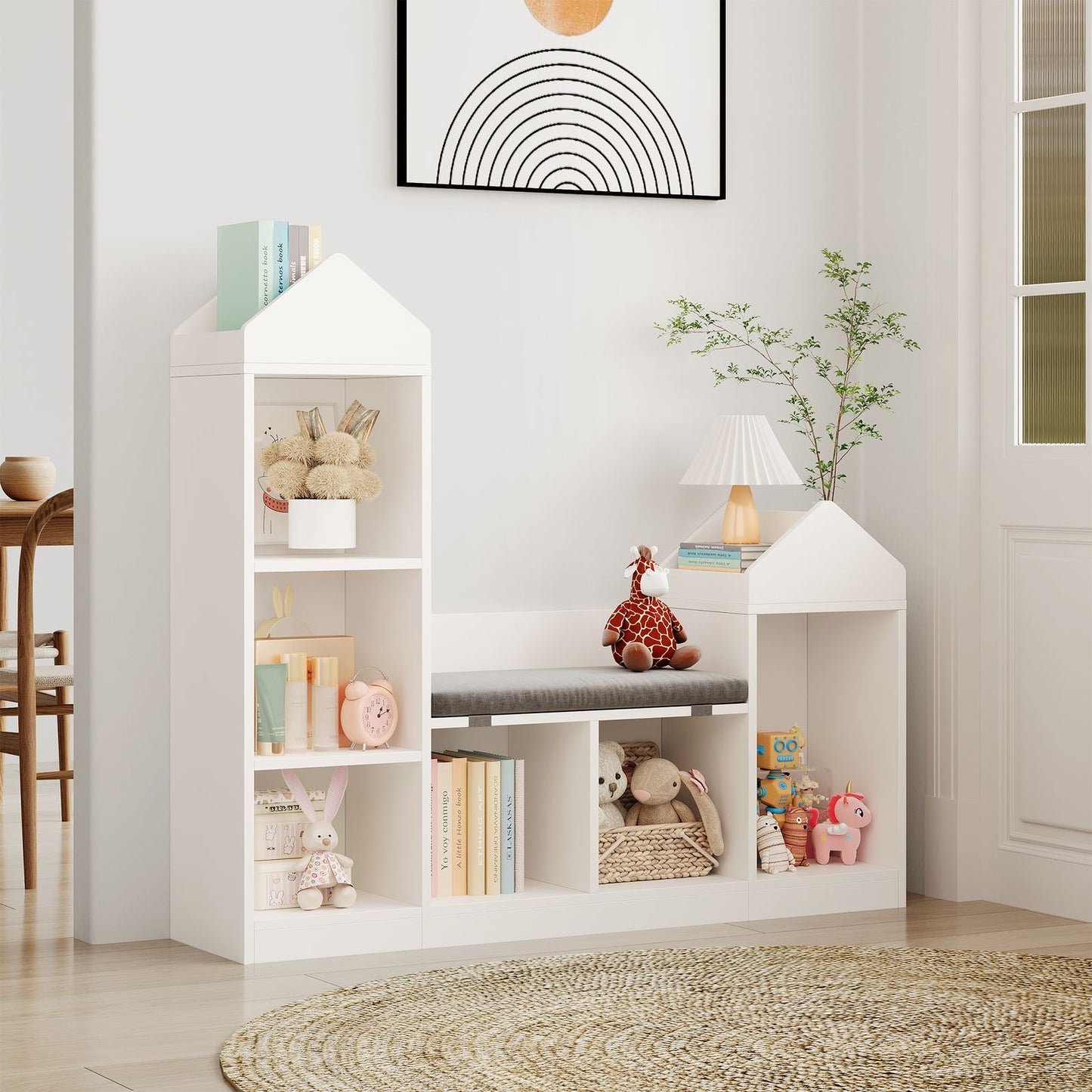 47.75-Inch Wide Bookcase with Cozy Reading Nook | 6 Cubby Storage Compartments, Floor Mount, Hardwood, Assembled, Suitable for Living Room
