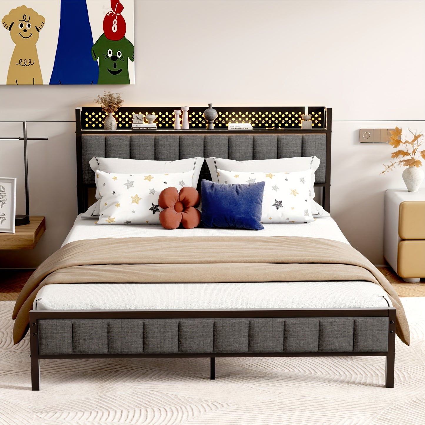 Metal Bed Frame 140 X 200cm, 90 X 200cm, Upholstered Bed Frame with Height Headboard Fabric Bed with Slatted Frame Stable Bed Frame Padded Bed, No Box Spring Required, Metal Bed, Guest Bed, Double Bed Made Of Metal, Easy Asse