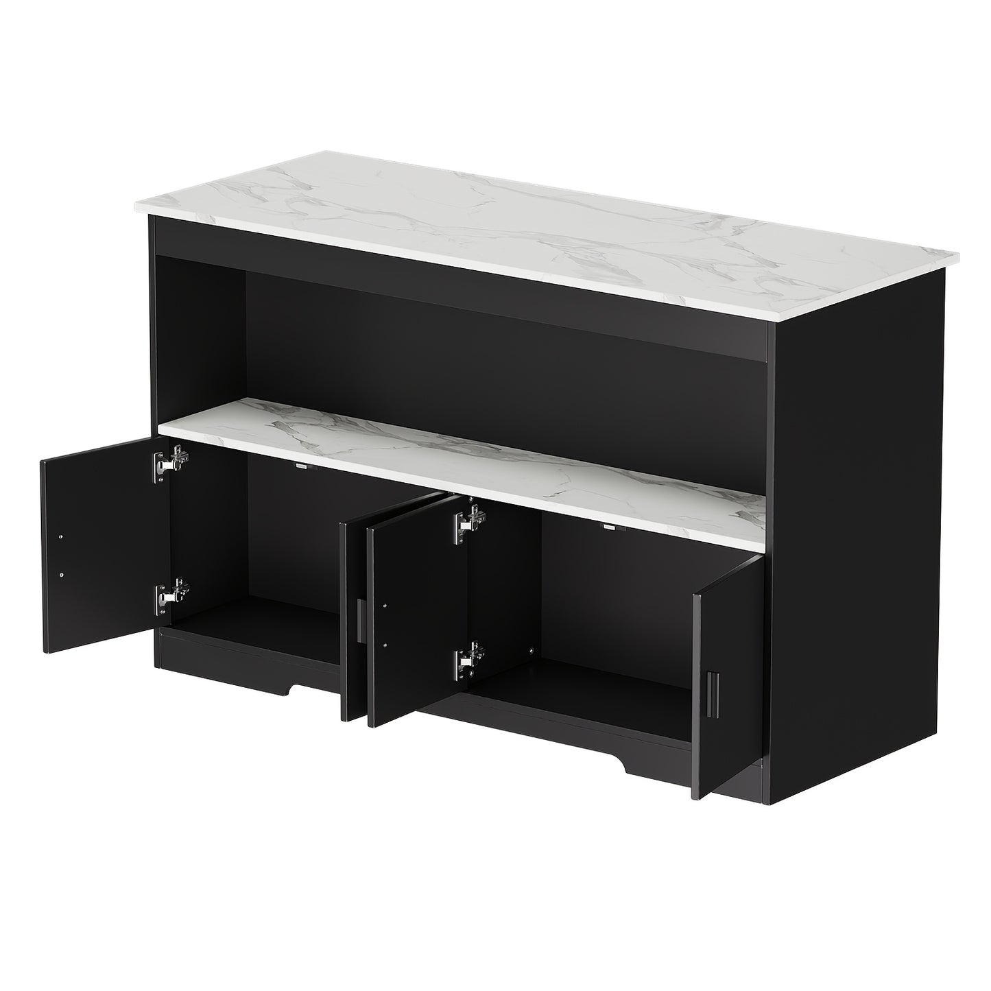 Keukeneiland – Keukentrolley – Keukenkast – Serveerwagen – Buffetkast – Marmerlook Blad – Stevig Hout Met Veel Opbergruimte - Zwart en Wit