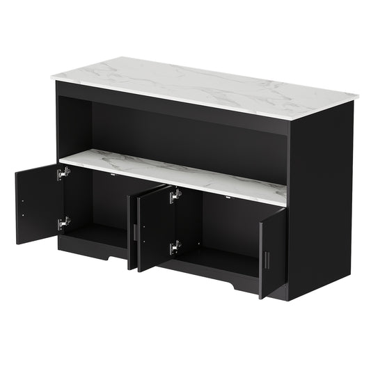 Keukeneiland – Keukentrolley – Keukenkast – Serveerwagen – Buffetkast – Marmerlook Blad – Stevig Hout Met Veel Opbergruimte - Zwart en Wit