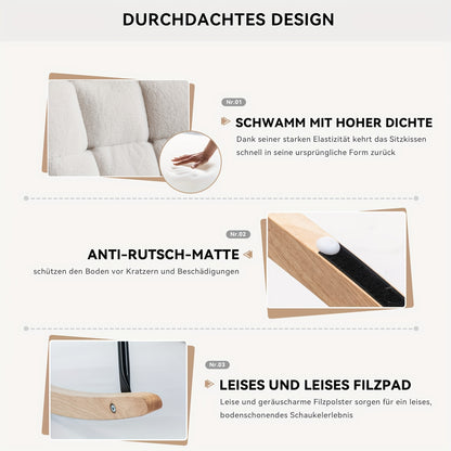 Draaifauteuil – Fauteuil – Relaxstoel – Schommelstoel – Lounge Chair – Wit – Zachte Teddy Bekleding – Massief Houten Frame