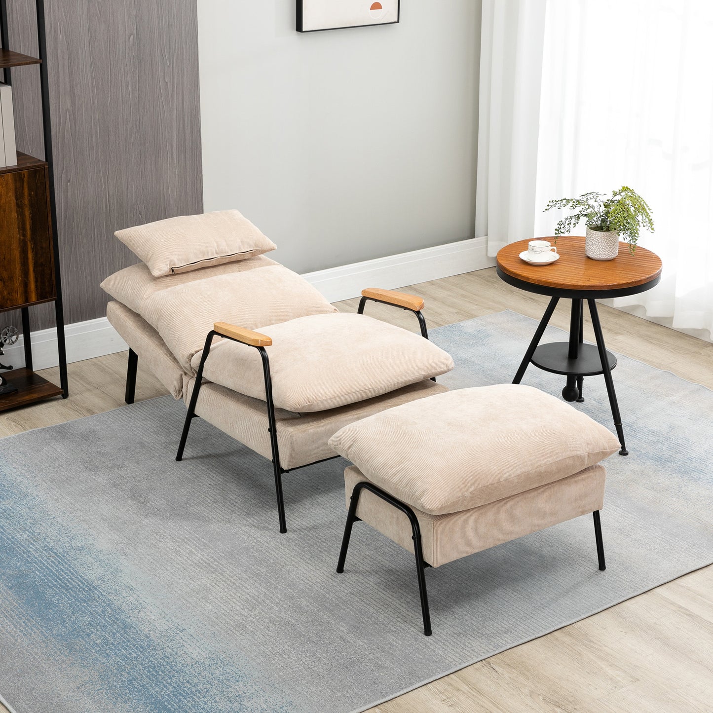 Relaxfauteuil – Lounge Fauteuil – Relaxstoel – Leunstoel – Beige Velours – Verstelbare Rugleuning Tot 155° – Zwarte Stalen Onderstel Met Hevea Houten Armleuningen