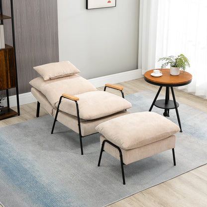 Relaxfauteuil – Lounge Fauteuil – Relaxstoel – Leunstoel – Beige Velours – Verstelbare Rugleuning Tot 155° – Zwarte Stalen Onderstel Met Hevea Houten Armleuningen