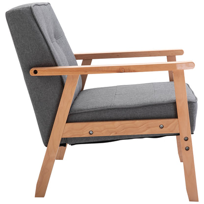 Loungestoel – Fauteuil – Zetel – Relaxstoel – Armstoel – Massief Beukenhouten Frame – Comfortabele Grijze Linnen Bekleding – 64,5x70x74 cm