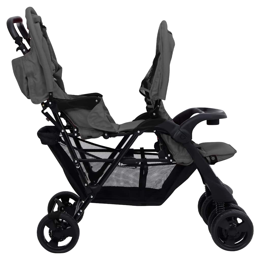Tandem Kinderwagen – Dubbele Buggy – Dubbele Kinderwagen – Tandem Buggy – Kinderwagen Voor Twee – Stevig Stalen Frame – Verstelbare UV Zonnekappen – Donkergrijs