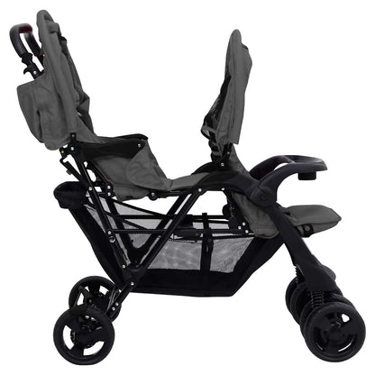 Tandem Kinderwagen – Dubbele Buggy – Dubbele Kinderwagen – Tandem Buggy – Kinderwagen Voor Twee – Stevig Stalen Frame – Verstelbare UV Zonnekappen – Donkergrijs