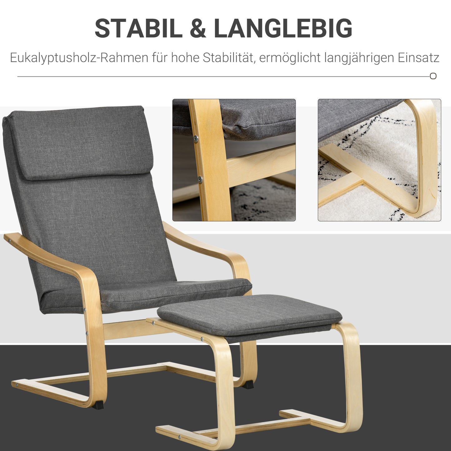 Fauteuil – Relaxstoel – Leunstoel – Zitzak – Armstoel – Met Voetenbank – Linnen Look – Massief Hout – Draagvermogen 120 Kg – Grijs/Natuurlijk