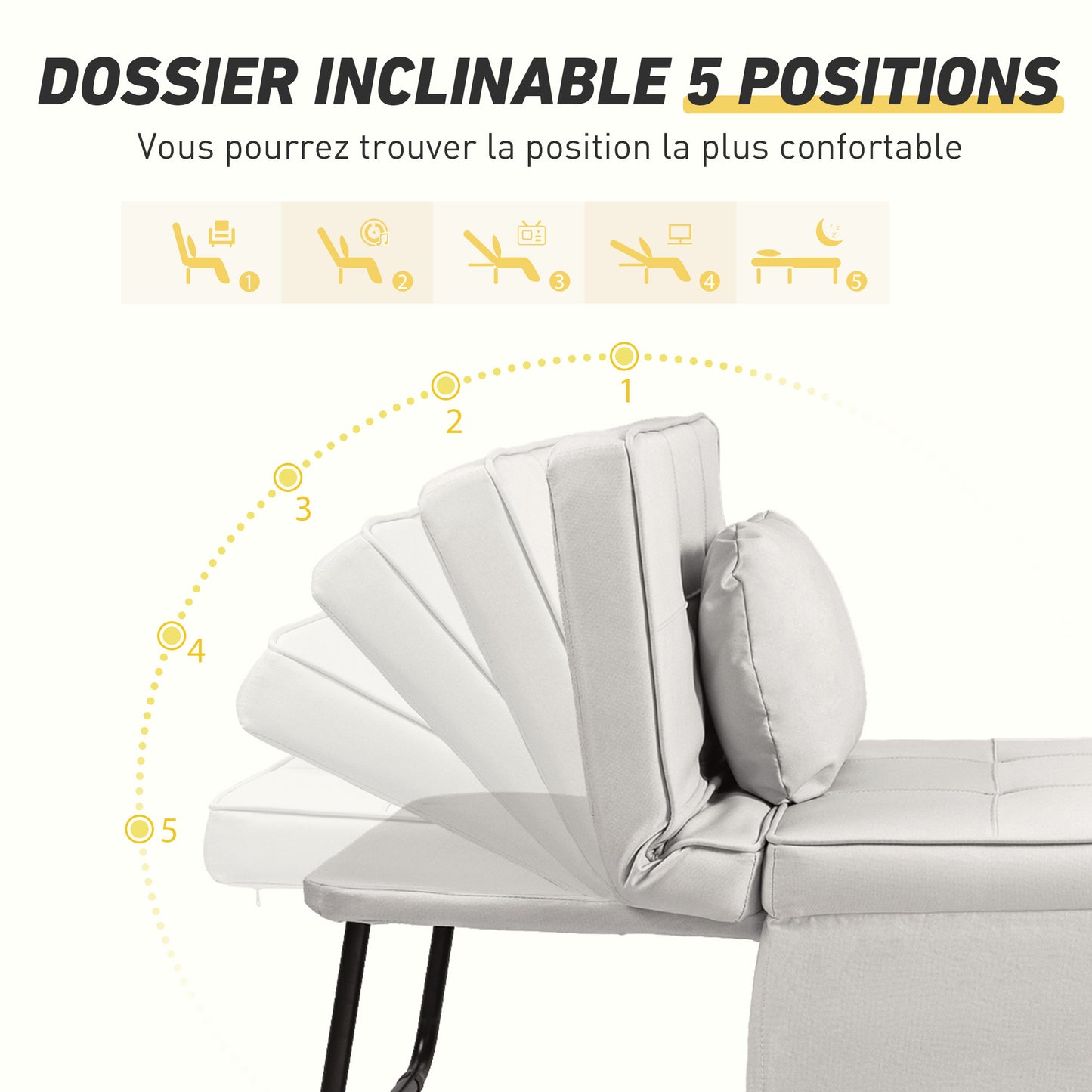 3-in-1 Relaxstoel – Pouf – Chaise Longue – Slaapstoel – Zitzak – Verstelbare Rugleuning 5-standen – Inklapbare Voetensteun – Crèmekleurige Linnenstof – Zwart Metalen Frame