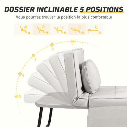 3-in-1 Relaxstoel – Pouf – Chaise Longue – Slaapstoel – Zitzak – Verstelbare Rugleuning 5-standen – Inklapbare Voetensteun – Crèmekleurige Linnenstof – Zwart Metalen Frame
