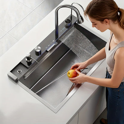 Musurjoy 74.93/67.82cm Intelligent Kitchen Sink, Single-basin Design Made Of Stainless Steel, Equipped with A Pull-down Faucet, Smart Countertop Control, And Other Accessories. Suitable for Kitchens, Dining Rooms, And Bars; A