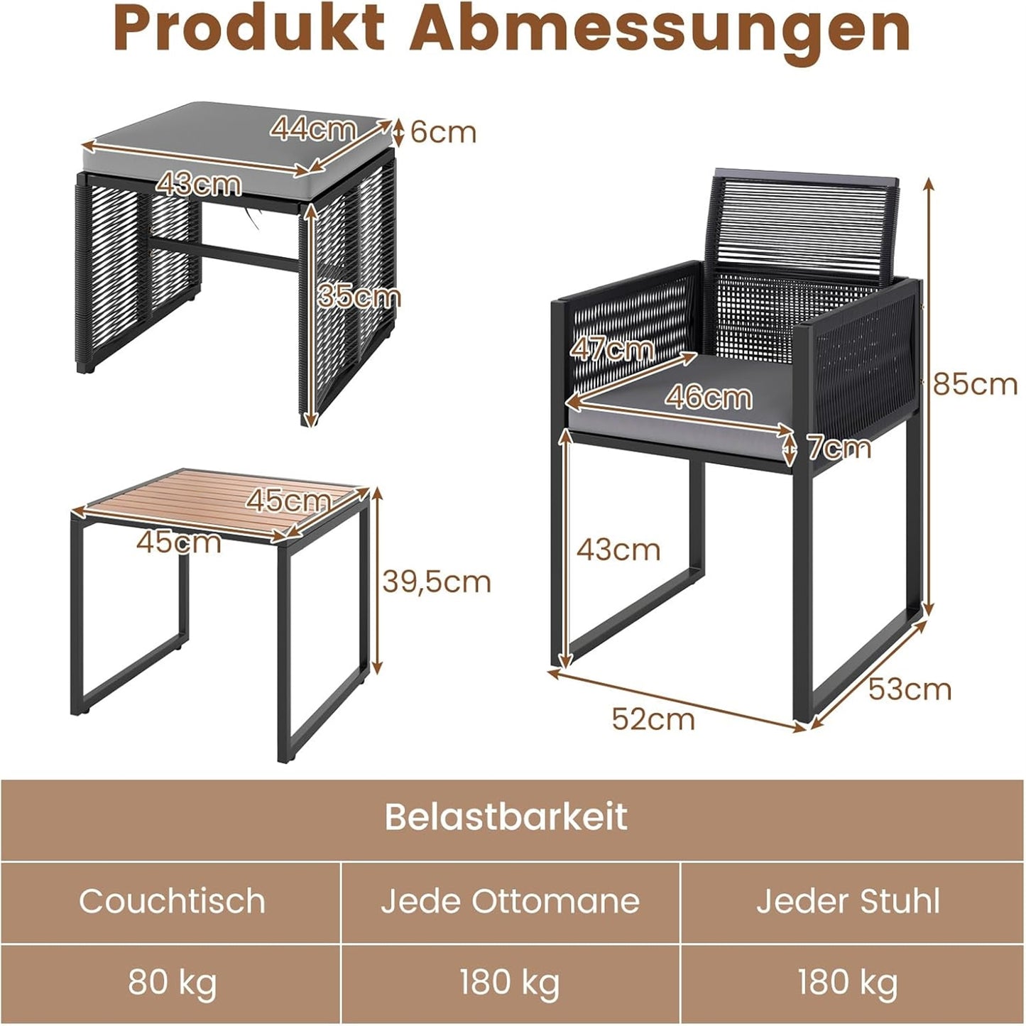 Tuinset – Loungeset – Balkonset – Zitgroep – Bistroset – 5-delig rattan met kussens – Opbergbare voetensteun en inklapbare rugleuning