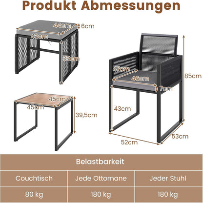 Tuinset – Loungeset – Balkonset – Zitgroep – Bistroset – 5-delig rattan met kussens – Opbergbare voetensteun en inklapbare rugleuning