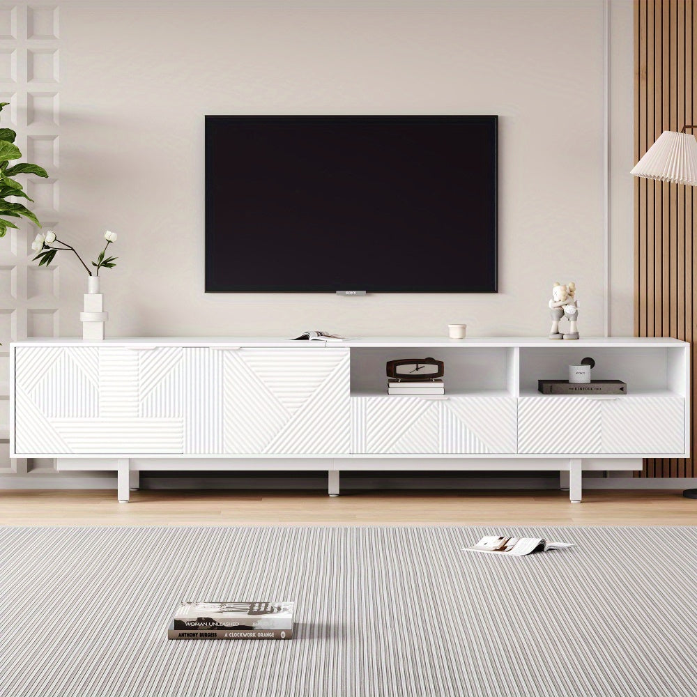 A Contemporary Bohemian-Style TV Stand Featuring Abstract White Geometric Patterns, Designed with Minimalist Cabinet Doors And Ample Storage Space. Its Dimensions Are 200 Cm by 40 Cm by 51 Cm, Suitable for a TV Up to 90 Inche